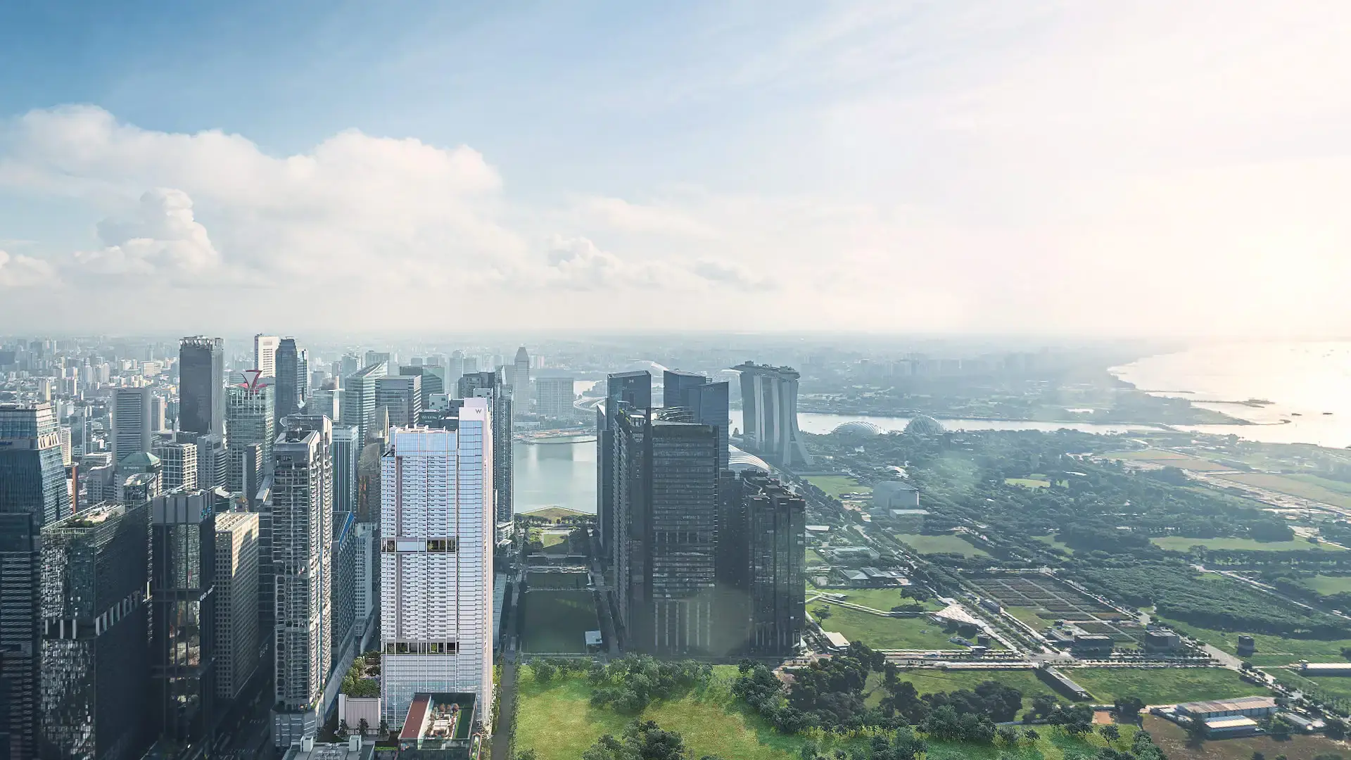 Aerial view of the Downtown Core with Marina View among the Marina Bay skyline