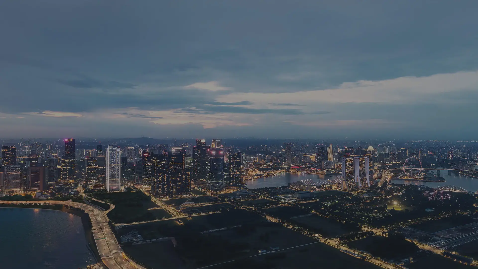 Marina Bay Sands and the bay at night from the tower