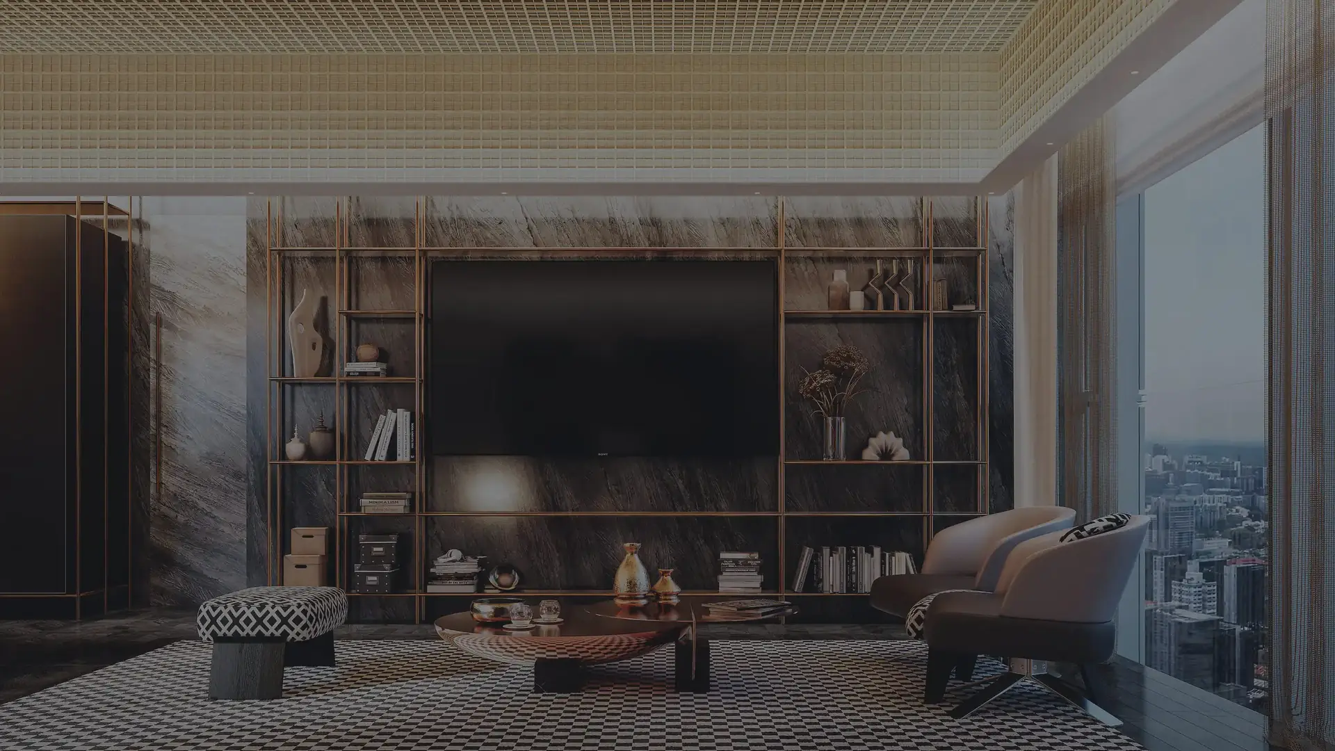 Living and dining room of a residence looking out over the bay