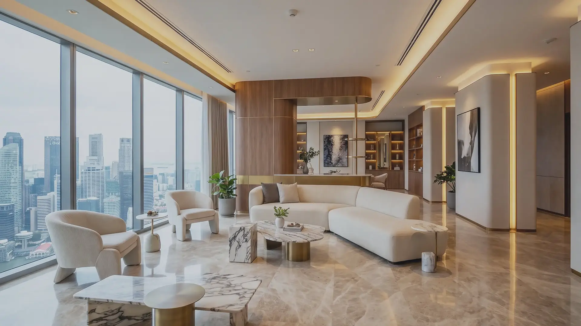 A five-bedroom living room with panoramic city glazing in the showflat